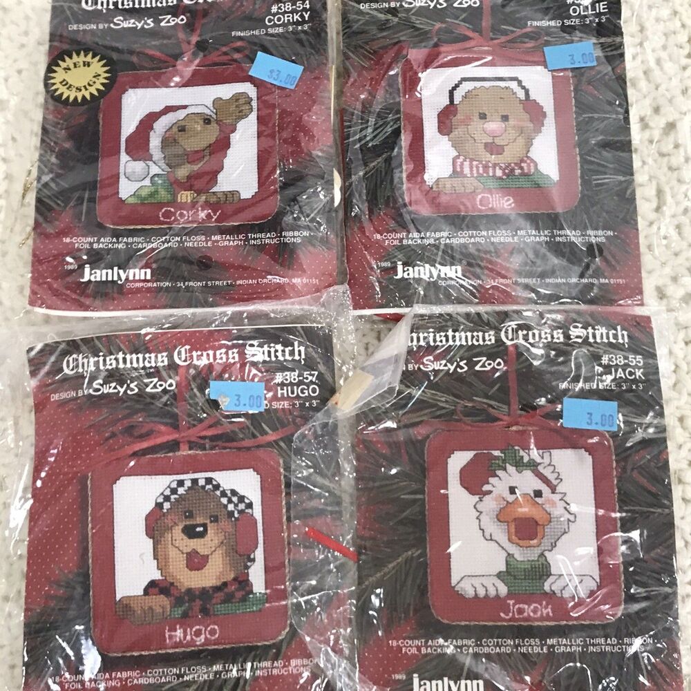 Janlynn Suzy's Zoo Christmas Cross Stitch Ornaments Corky Olly Hugo Jack